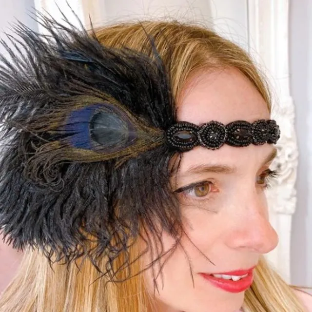 1920s Headpiece in Black with Peacock Feathers and Beading