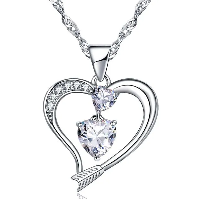 18k White Gold Filled Created Diamond Arrow Heart Pendant Necklace