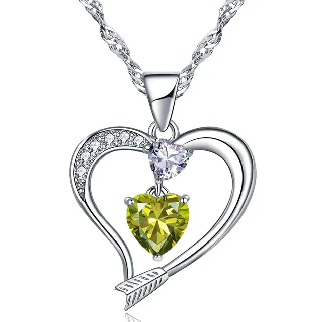 18k White Gold Filled Created Peridot Arrow Heart Pendant Necklace