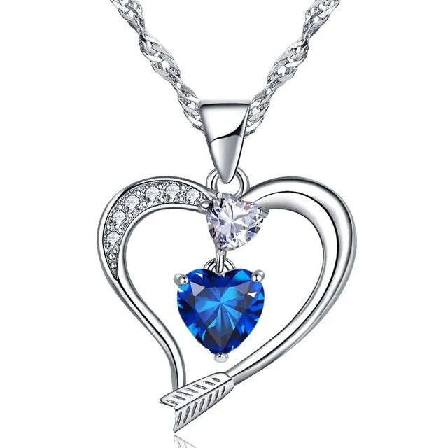 18k White Gold Filled Created Sapphire Arrow Heart Pendant Necklace
