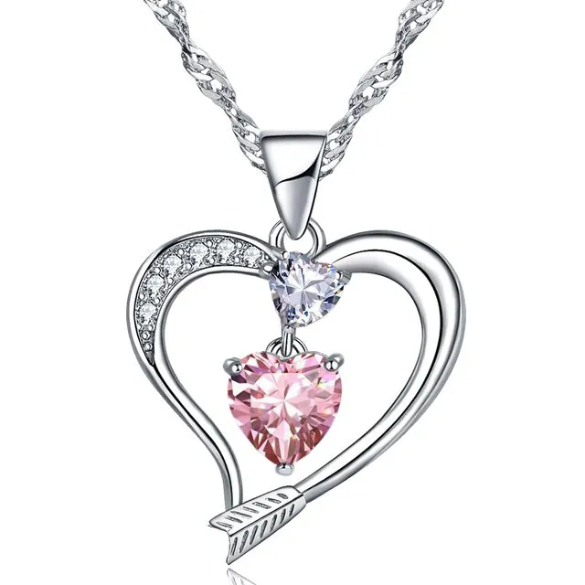 18k White Gold Filled Created Tourmaline Arrow Heart Pendant Necklace