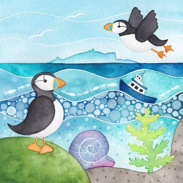 Puffins & Boat - Seaside Limited Edition Signed Art Print - Watercolour Painting - East Neuk of Fife, Scotland