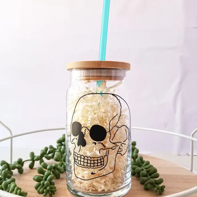 Death by Decaf Glass 16oz Coffee Can Cup with Bamboo Lid and Straw