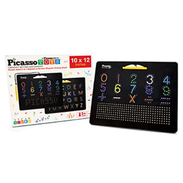 PicassoTiles Double Sided 12"x10" Large Magnetic Drawing Board with Letters and Numbers PTB02-BLK
