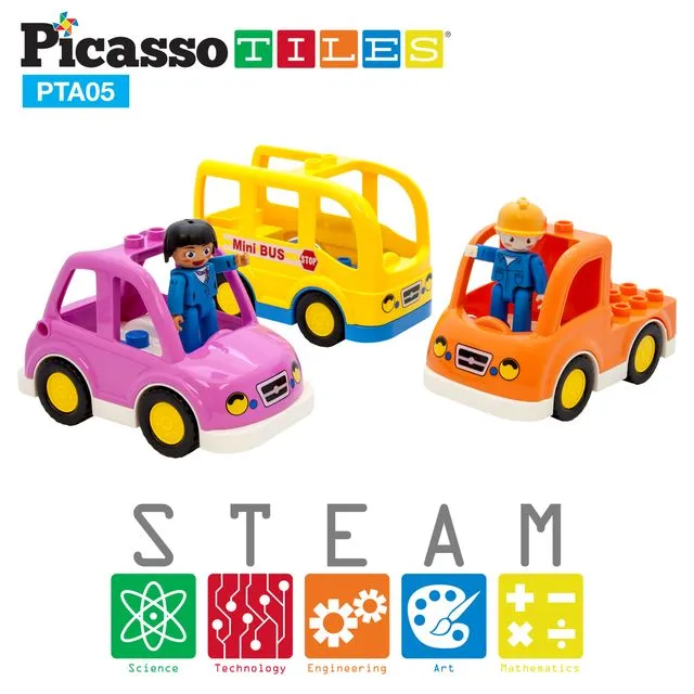 PicassoTiles® People Character Figure Set 3 Cars PTA05