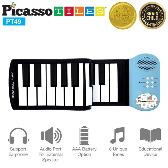 PicassoTiles® PT49 Kid's 49-Key Flexible Roll-Up Educational Piano Keyboard