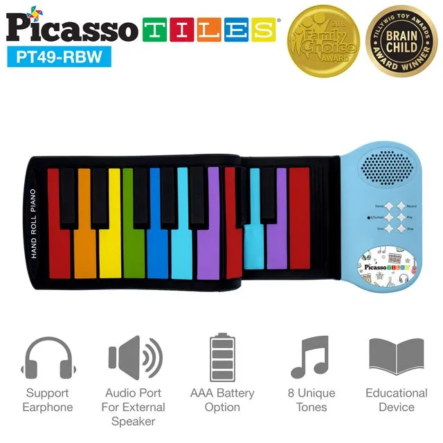 PicassoTiles® PT49-RBW Kid's 49 Colorful Key Roll-Up Educational Keyboard