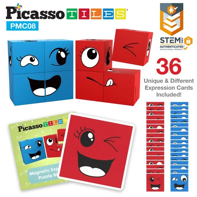 PicassoTiles Mix and Match 8 Piece Magnetic Emoticon Puzzle Cube Set PMC08