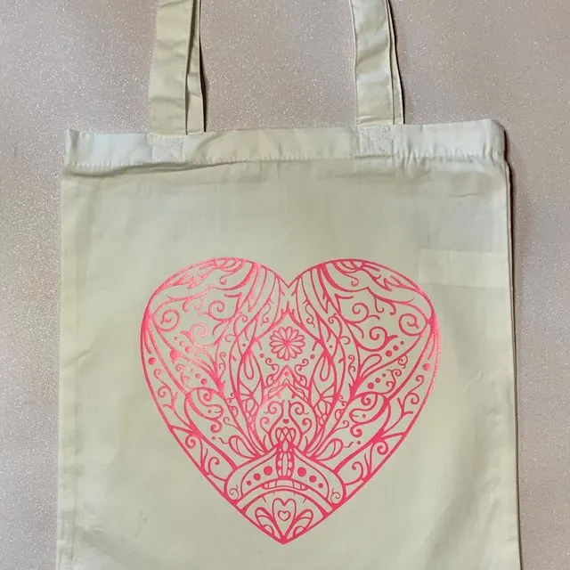 HEART TOTE BAG, mandala heart canvas tote bag,