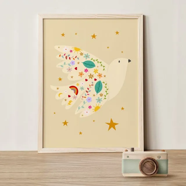 Floral Peace Dove | Scandi Style Children's Art Print | Nursery | Christening | New Baby | Cream