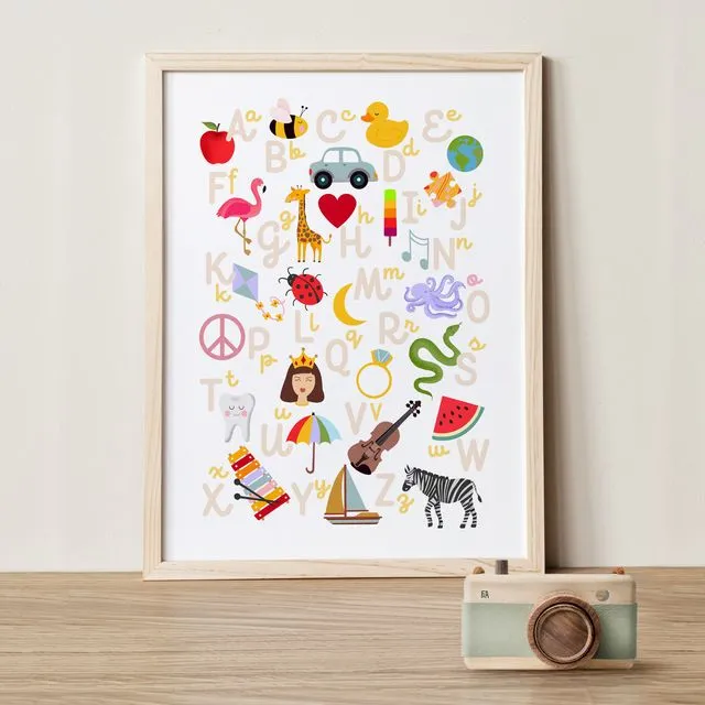 Educational Alphabet ABC Print | Scandi Style Children's Art Print | Nursery | Christening | New Baby