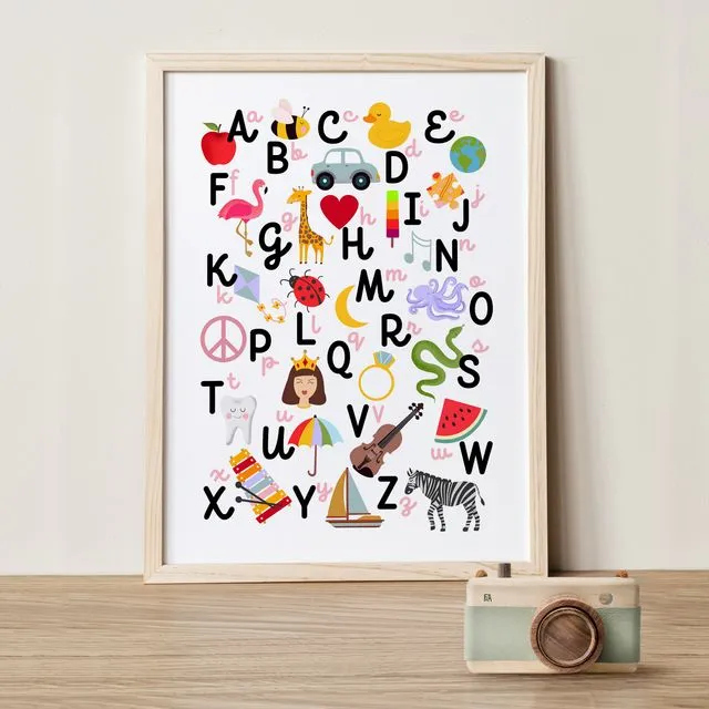 Educational Alphabet ABC Print | Scandi Style Children's Art Print | Nursery | Christening | New Baby | Black ABC