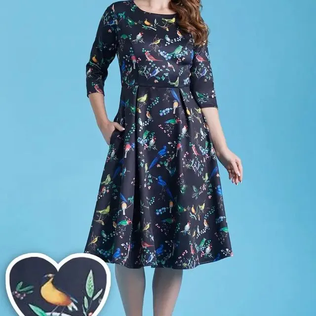 Beatrix Long Sleeved Midi Dress in Black Bird Print