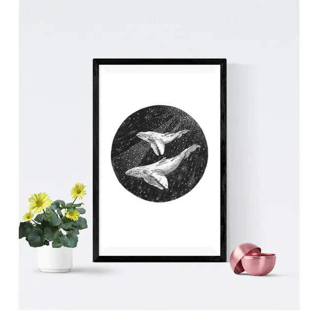 Black and White Whale Circle Art Print