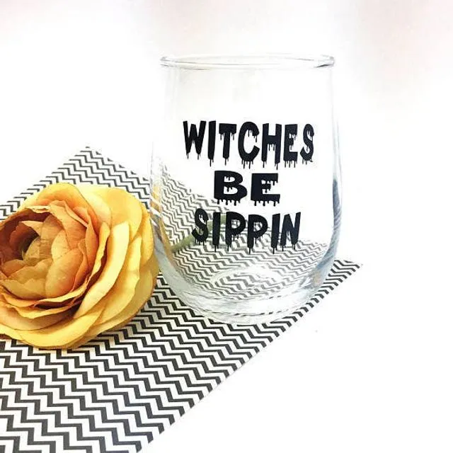 Witches wine glass, halloween gifts, stemless wine glass, Black design.