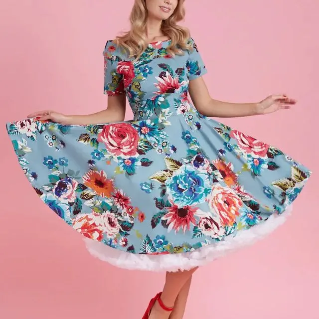 Authentic Vintage-Inspired Swing Dress in Blue Floral