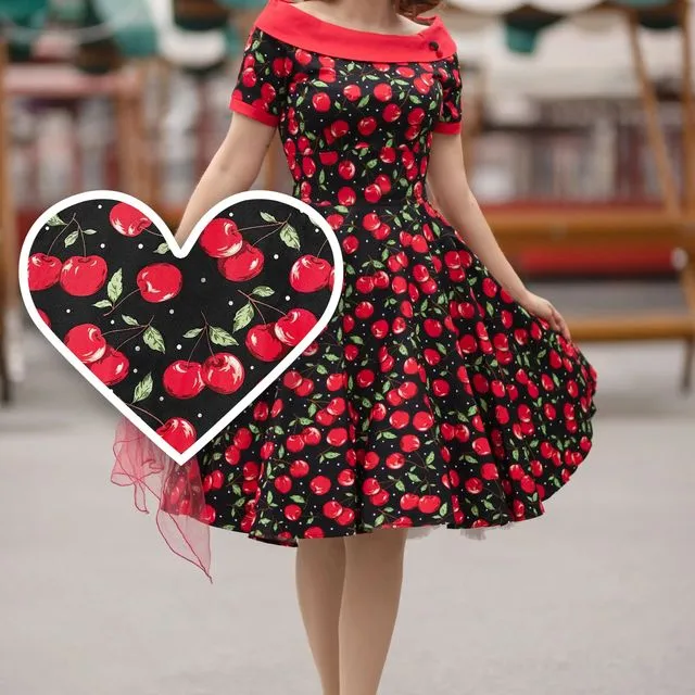 Rockabilly Frocks Cherry Print Flared Dress in Black &amp; Red