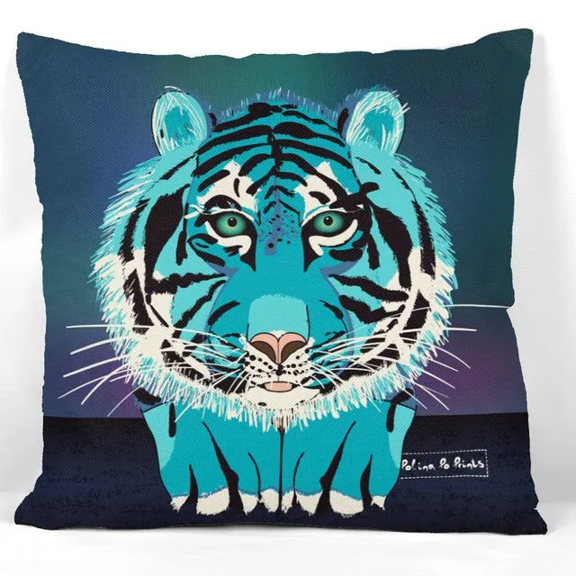 Tiger pillow cover. Blue throw pillows.