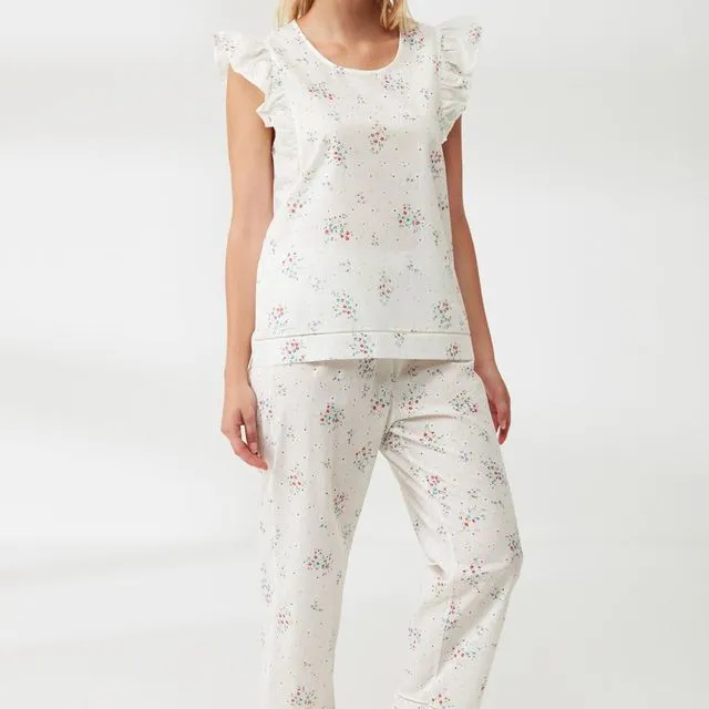 100% Cotton Floral Pyjama Set in White
