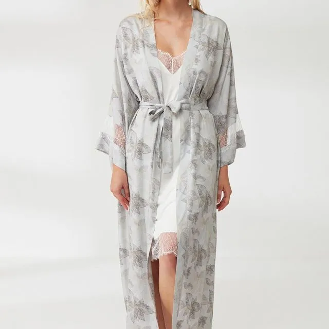 Silky Feel Dressing Gown Set Grey & White