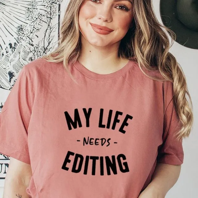 TS3032K -Graphic Print Women Top, My life needs editing Packaged 2-2-2 (SML)