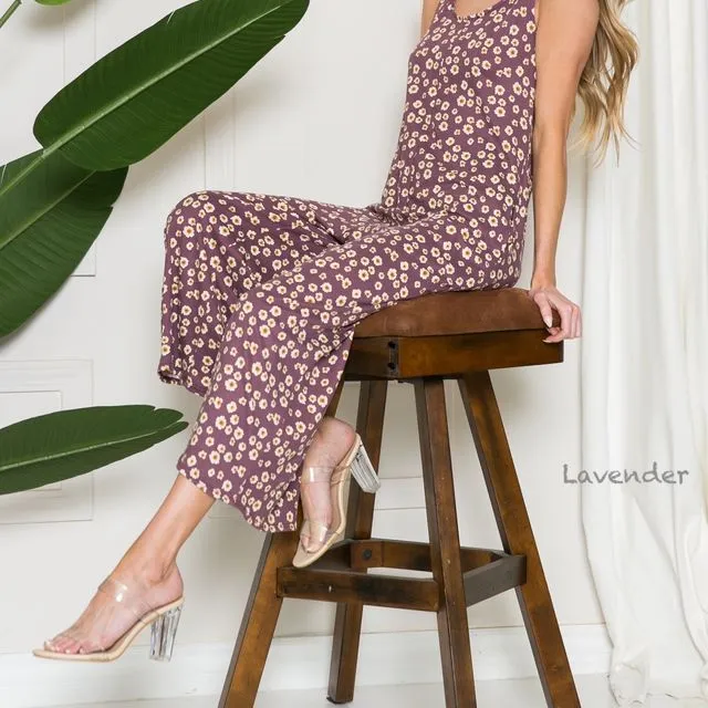 Knitted Floral Print Sleeveless Jumpsuit - Lavender