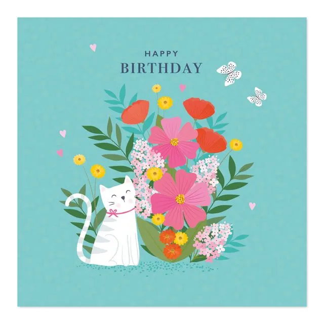 Birthday Card with Cat and Flowers