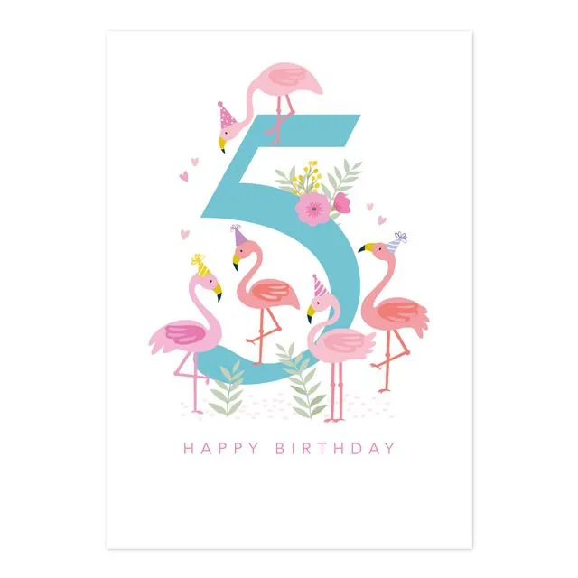 Age 5 Birthday Card Girl Flamingoes