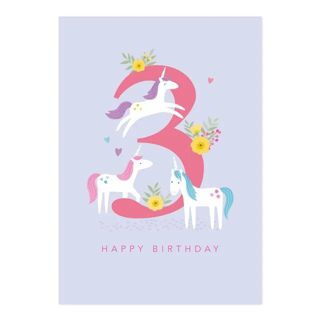 Age 3 Birthday Girl Card Unicorns