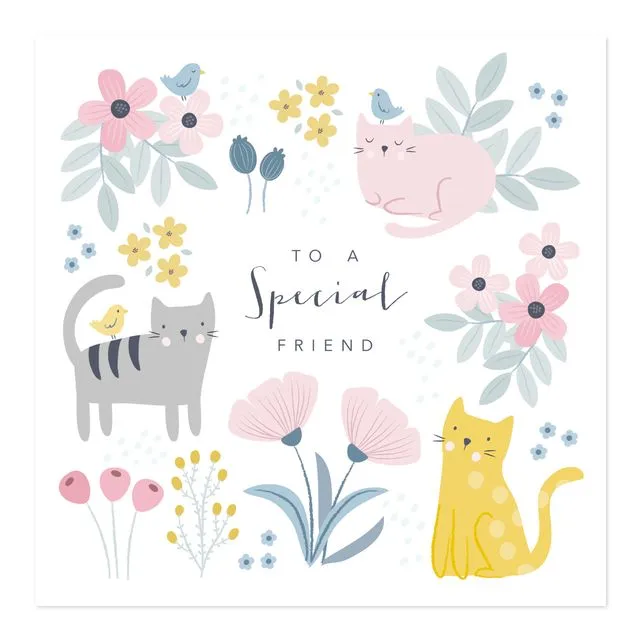 Special Friend Birthday Card Cats with Flowers