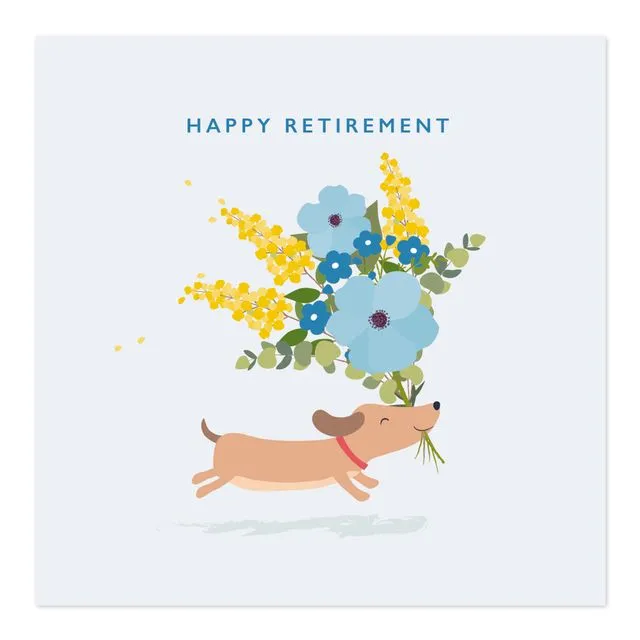 Happy Retirement Card Dog running with Flowers