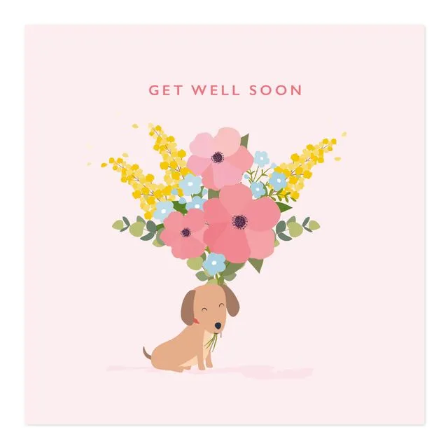 Get Well Soon Card Dog with Flowers