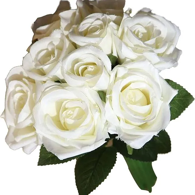 9 Heads Silk Rose Artificial flower Bouquet - Milky White