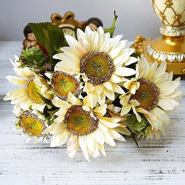 Artificial Large Bunches-13 Sunflowers, Fake Plant Arrangements for Decoration - White