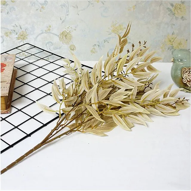 Artificial Single Stem 5 Prongs Willow Leaves Flower Silk Simulation Grass Plant Fake Leaf - Light Brown