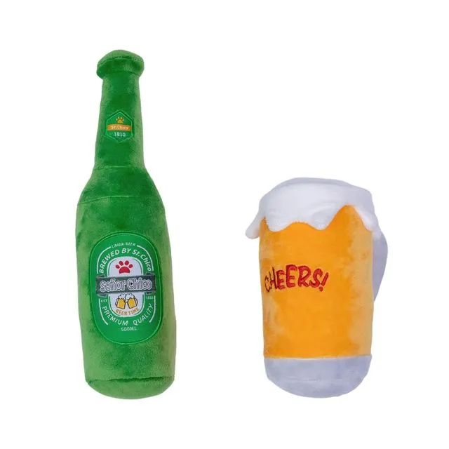 Beer-Cheers Crinkle and Squeaky Plush Dog Toy Combo Gift Set