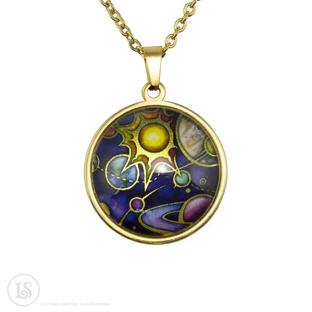 Solar System Pendant, Gold-tone, Glass/Stainless