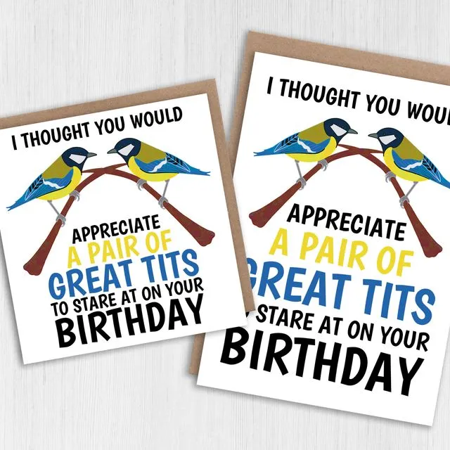 Funny, rude birthday card: Great pair of tits to stare at (Size A6/A5/A4/Square 6x6")