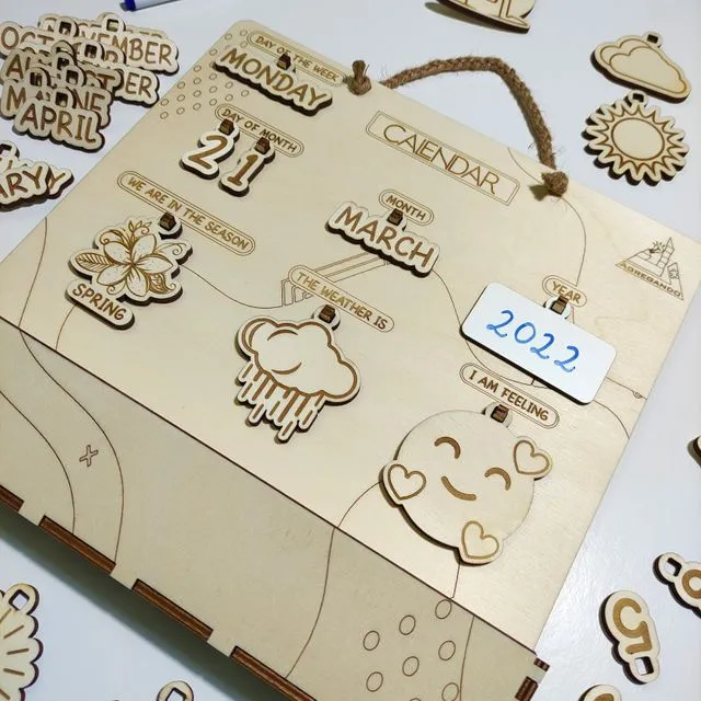 Montessori Wood Perpetual Calendar, Educational Toy Engraved