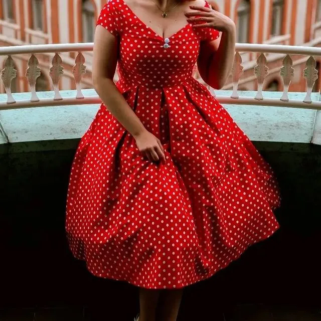 Polka Dot Delight Off Shoulder Tea Dress in Red