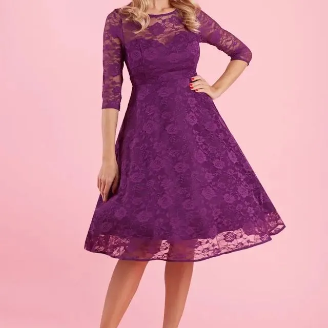 V852-Purp Madeline Long Sleeved Purple Lace Dress