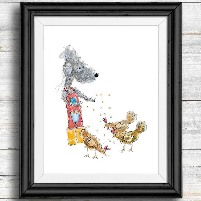 Whimsical, quirky dog art print - dog feeding chickens