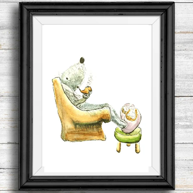 Whimsical, quirky dog art print - dog smoking a pipe in armchair