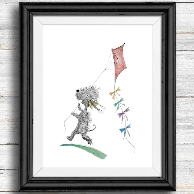 Whimsical, quirky dog art print - dog flying a kite