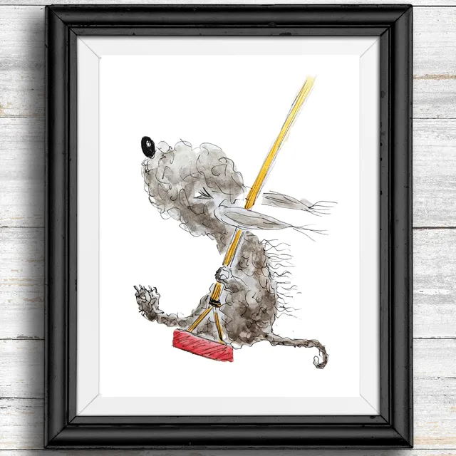 Whimsical, quirky dog art print -dog on a swing