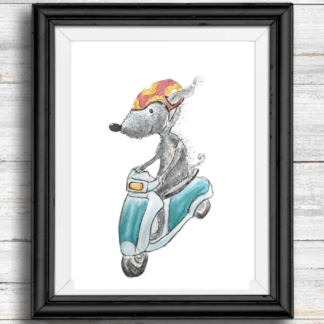 Whimsical, quirky dog art print - dog riding a moped