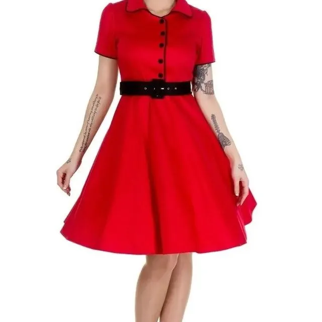 V668-PlainRed Penelope Rockabilly Red Shirt Dress