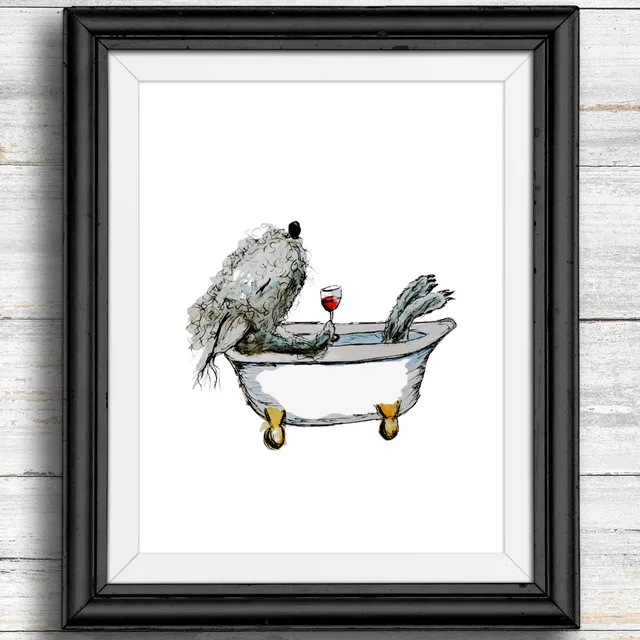 Whimsical, quirky dog art print - dog in bath drinking wine