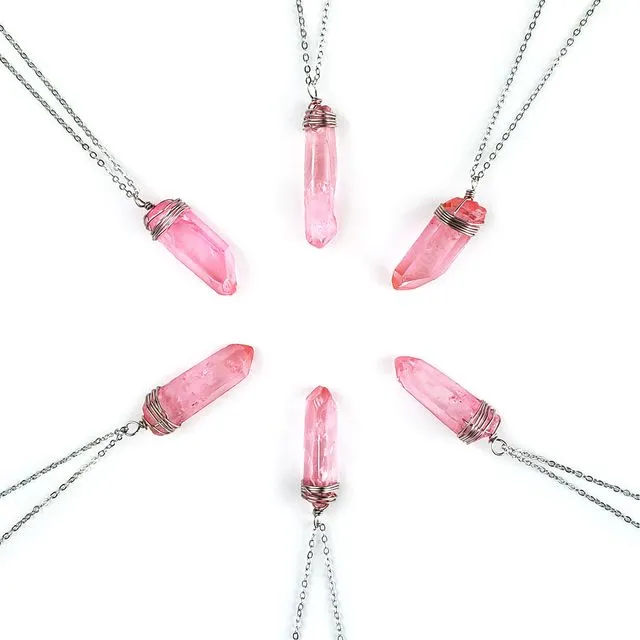 Pink Crystal Necklace, Wire Wrap Necklace, Pink Quartz Crystal Pendant, Chain Necklace Silver Band