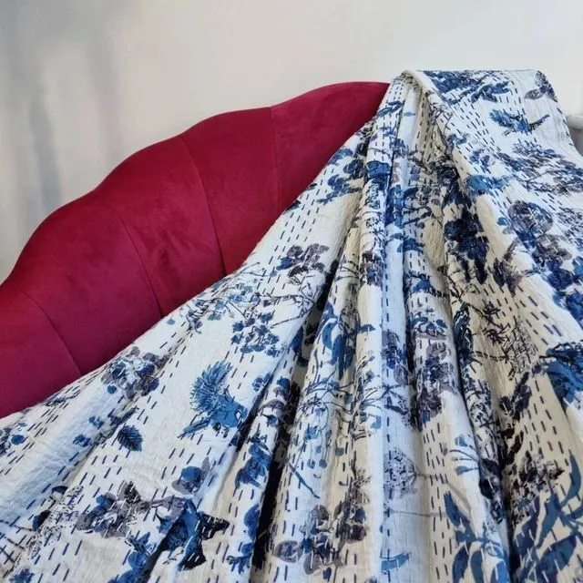 Kantha Stitch Pure Cotton Reversible Bed/Sofa Throw King Size | Handmade HandPrinted Floral Dohar | Spring White Blue Bird Leaves Tree Dream